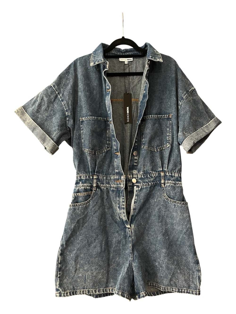 Denim Short Sleeve Romper Jumpsuit in Washed Blue